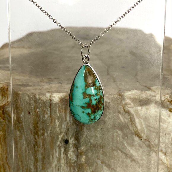 Sterling Silver 925 Southwest Bezel Set Turquoise Cabochon Pendant Necklace 18" - Picture 3 of 16